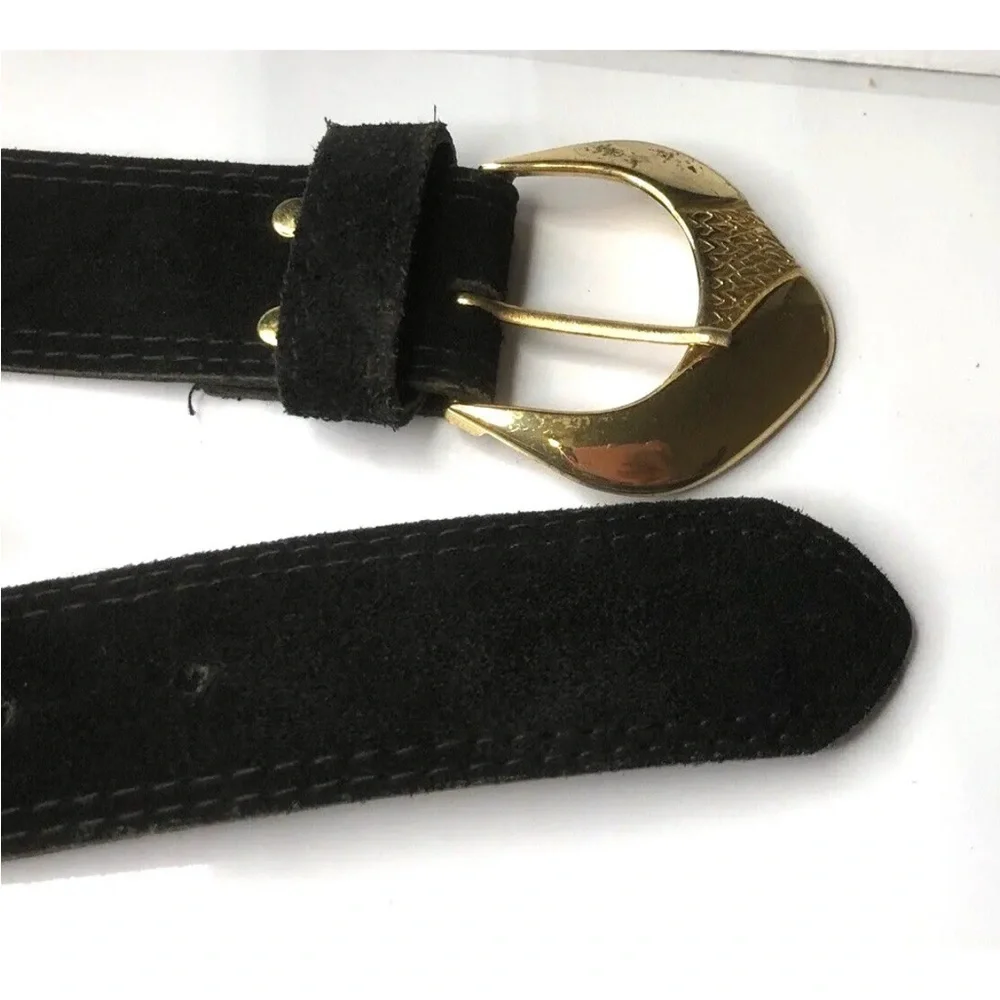 MVtg Benjo Womens Belt Black Leather Animal Print Gold Metal Squares Studs